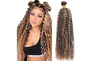 Zeslaerr Human Hair Bundles Kinky Curly Extension P4/27 Highlight Brown Color Natural Looking Virgin Hair Extension Minimal Shedding Unprocessed 24 Inch
