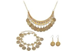 CYNOSURETECH 1 Coin Necklace, 1 Bracelet, 1 Pair of Tassel Earrings, Bohemian Style, Pirate Dress Accessories, Coin Clavicle Chain, Carnival Women's Accessories (Gold)