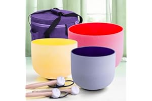 ENERGYSOUND ENERGYSOUN 432 Hz Colored Frosted 12" C 10"E 8 G 6 B Chakra Quartz Crystal Singing Bowl Set +Case Bag + Mallets &O-Rings