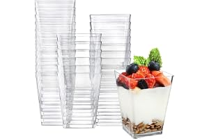 KAHEIGN 50 st minidessertbägare dessertmuggar, 240 ml dessertskålar plast fyrkantig dessertbägare klar återanvändbar serveringsskål för dessert pudding, mousse party (7 x 7 cm)