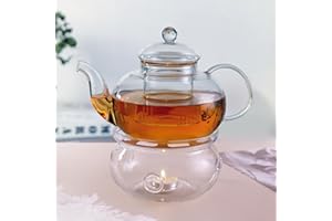CnGlass Théière en verre de 1000ml avec infuseur amovible, passe sur la cuisinière avec chauffe-thé en verre de 13,5cm de diamètre