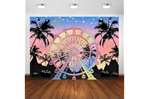 Avezano Toile de fond d'été pour plage, grande roue - Motif palmier, coucher de soleil - Toile de fond pour photographie et festival - 2,1 x 1,5 m