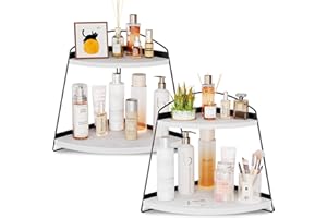 Puricon Corner Bathroom Counter Organizer, 2 Tier Corner Countertop Organizer Vanity Shelf, Wood Bathroom Organizers and Storage for Skincare -White, 2 Pack