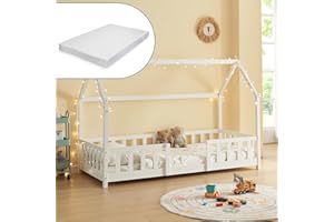 [en.casa] Letto a Casetta per Cameretta con Materasso 90x200 cm Letto Singolo per Bambini con Barriere di Protezione Struttura in Legno di Pino - Bianco
