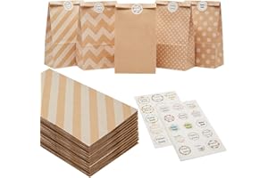 BEDECO 30 Stück Geschenktüten aus Kraftpapier, klein Geburtstagstüten mit 30 Aufkleber Braun Papiertüten für Weihnachten Hochzeiten Kindergeburtstag Party Valentinstag 24x13x8cm