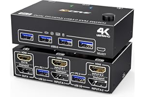 USB 3.0 HDMI + DisplayPort Switch KVM 2 PC 2 Monitor 4K@60Hz 2K@120Hz, MLEEDA Dual Monitor KVM Switch 2 PC con 4 Porte USB 3.0 per Tastiera, Mouse, Dotato Telecomando Cablato e Cavi