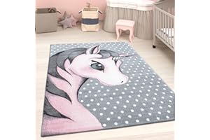 Viva Rugs Kids Unicorn Rug Pink Grey Woven Soft Girls Bedroom Carpet Animal Nursery Rug Baby Playroom Mat (Pink Grey Unicorn, 80x150cm (2'6"x5'0"))