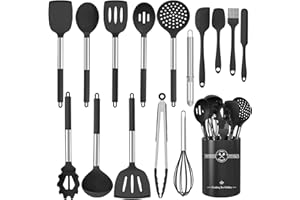 DLD Set di 16 utensili da cucina in silicone, resistenti al calore, con manici in acciaio inox di alta qualità, per cucinare e cuocere, spatole antiaderenti