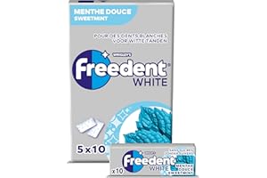 WRIGLEY'S FREEDENT WHITE - Chewing-gum Menthe Douce sans sucres - 5 paquets de 10 dragées - 70g