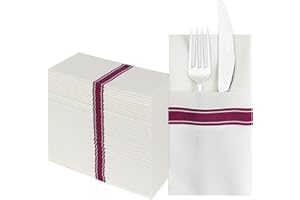 JEBBLAS Disposable Linen Feel Napkins, Built-in Flatware Pocket, Decorative Wedding Napkins, Folded Cloth Like Party Napkin, Soft, Strong, Absorbent, and Pre-Folded, 50 Pack, Purple Print