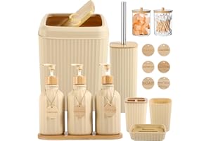 XLHOMO Beige Bathroom Accessories Set - 17PCS with Trash Can, Lotion Soap Dispenser, Toothbrush Holder, Wood Tags for Kitchen & Bathroom