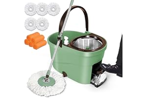 OZD Serpillière Seau Essoreur, Balai Serpillère Essoreur avec Seau à Pédale, Rotative 360°, Sceau Menage Essoreur avec Manche en INOX pour Lavage Sol - 5 Mop Tampons + 5 Chiffons (Vert)