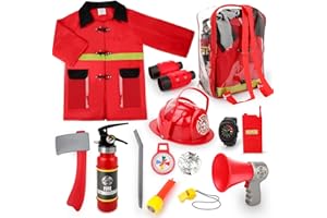 deAO Set De Costume De Deguisement Pompier Avec 14 Accessoires Casque Pompier Un Sac De Rangement Et Un Extincteur De Feu À Eau Pompier Jeu De Rôle