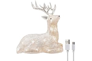 Gloworm YKL-1016, 21,5 cm Rentier mit Acryl-Batteriebox, 20 warmweiße LEDs, 6H Timer, Dual-Netzteil USB oder Batterie: 3 x AAA 1,5 V (Nicht im Lieferumfang enthalten), geeignet für