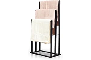 Froppi Free Standing Towel Rail Bathroom Hand Towel Holder Black Bamboo with 3 Silver Metal Bars L42 W24 H81.5 cm