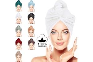 BAVIN LUXURY Hair Towel Wrap 100% Cotton, Instant Drying Lightweight Turban Cap Super Quick Absorbent Anti-Frizz Twist Toweling Dry Hat with Button Loop for Long Curly Hairs, 62CM x 23CM White Pair
