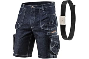 NEO TOOLS Kurze Arbeitshose Herren - Denim Arbeitsshort mit Arbeitsgürtel - Jeans-Optik Arbeitshosen für Männer Kurz - Multifunktionale und Geräumige Taschen - Arbeitshose Sommer