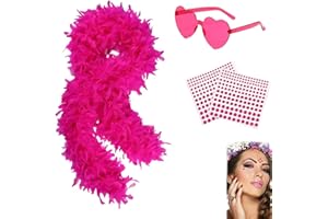 JISRKP 4-Pack Abba Accessories, 2m/6.6ft Natural Pink Feather Boa, Feather Boa, Feather Boas Multipack, Boas, Pink Boa, Heart Shaped Frameless Sunglasses, Suitable For Dancing, Wedding Parties, Role-Playing