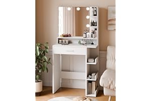 Mondeer Dressing Table with Mirror and 10 LED Bulbs, Vanity Desk with 7 Shelves and 1 Drawer, Adjustable Lighting Brightness, 67 x 36 x 138 cm, White
