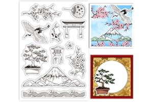 GLOBLELAND Tampons Transparents en Forme de Fleurs de Cerisier du Japon Mont Fuji Sceaux en Silicone Grue Tampons Transparents pour Bricolage Scrapbooking Cartes Album Photo 6.3x4.33 Pouce