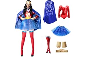 CARNAVALIFE Disfraz Superhéroe Poder Mujer, Conjunto Falda Tutú con Estrella, Maillot Body, Capa, Pulseras y Tocado