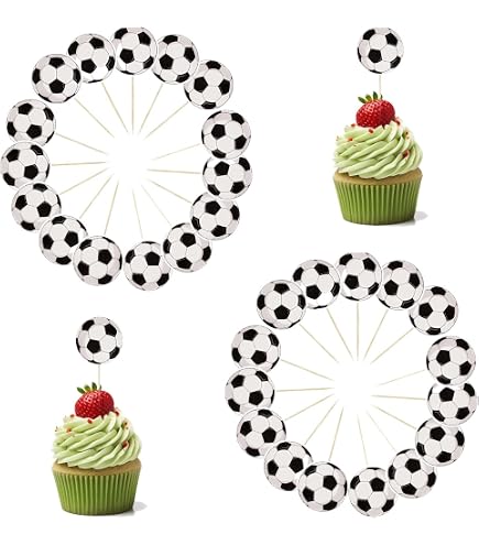 48 Pezzi Bordi Torta Calcio + 48 Decorazioni + 30 Stuzzicadenti | Kit Completo Per Feste A Tema Calcistico
