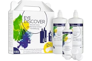 EYE DISCOVER, Contact Lens Solution, Multipurpose Soft Contact-Lens Solution, Disinfects, Cleans, Removes Protein, Moistens and Rinses, 2 x 360 ml Bottles and 1 x 100 ml Travel Size Bottle