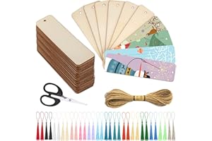 HJFH Lesezeichen Holz 32 Stück Blanko Lesezeichen Set mit Löchern Seilen und Bunten Quasten Werkzeug Zubehör für DIY Handwerk