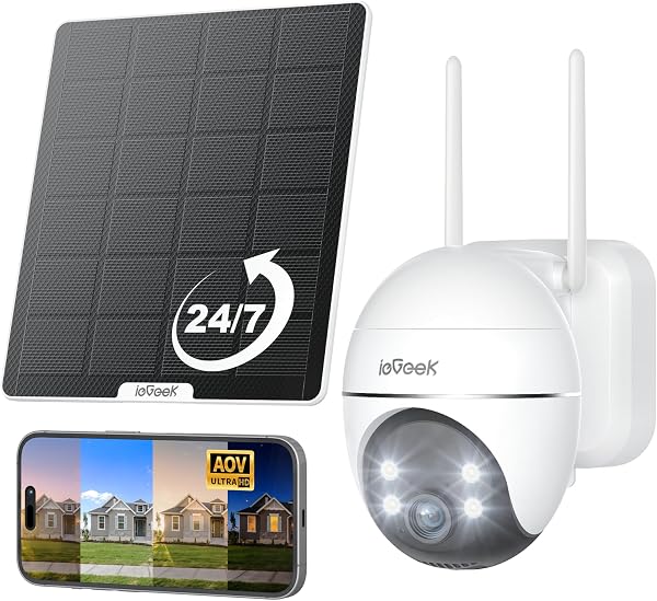 ieGeek AOV Telecamera Pannello Solare 5W con Registrazione 24/7 & Tracciamento Automatico, 2K 360° PTZ Videocamera Wi-Fi Esterno a Batteria 9000mAh, Visione Notturna a 30m, Rilevamento AI, IP65, S7 - 1
