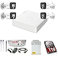 HIKVISION Full HD 4 Channel DVR with 2 MP 4 Outdoor Cameras [COLOR NIGHT VISION + BUILT-IN AUDIO MIC + SMART DUAL LIGHT + MOTION DETECTION] + 1 TB HDD + 4 Ch SMPS, USEWELL CCTV Cable+BNC/DC Set, WHITE