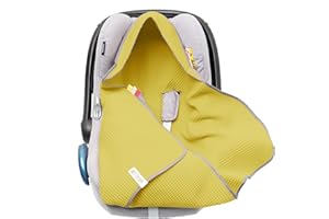MIKOS Coperta in tessuto a nido d'ape, per l'estate, 100% cotone, per seggiolino auto, coperta per passeggini, ad esempio Maxi Cosi rosa, beige, cintura a 3 punti (38) (senape)