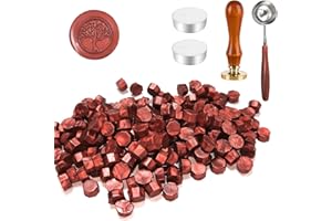 CHEDIN Zestaw pieczęci woskowych, 200 sztuk wosku do pieczęci, 1 stempel drzewa życia, 1 łyżka do wytapiania, 2 podgrzewacze, do lakieru, pieczęci, w stylu vintage, do listu, zaproszenia (H)