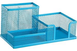 Leviatan Organizer na biurko | pojemnik na długopisy z metalu | półka biurowa z uchwytem na kartki z siatki | 205 x 103 x 98 mm niebieski