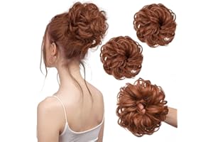 PORSMEER Messy Hair Scrunchies - 2pcs Curly Wavy Synthetic Donut Updo Hair Pieces, Easy Chignons for Women, Girls in Copper Red