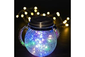 Lanterne Solaire Exterieur Jardin, ZQX 30 LED Boule de Lumière Solaire Craquelée Verre Lampe Suspendue Mason Jar avec Paille Eclairage IP65 Etanche Pour Pelouse, Fête, Cour, Mariage(Multicolore)