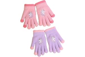 FUGLUS 2 Pares Guantes de Punto para Niños, Guantes de Arena de Cristal Colorido con Patrón de Unicornio para Niñas de 2 a 5 Años, Guantes de Dedos Completos