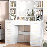 BEWISHOME Makeup Vanity with Mirror and LED Lights, Glass Cover | 13 Drawers, 7 Adjustable Shelves, Power Socket, 10 Bulbs, 3