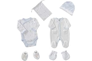 TROIS KILOS SEPT - Kit Nascita 6 Pezzi - 1 Mese - Velluto Bianco - Motivo della Luna - (Pigiama, Body, Coccarda, Guanti, Pantofole e Astuccio) - Regalo per Neonati Misto Bambini e Bambine