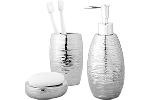 Navaris srebrny dozownik mydła, mydelniczka i uchwyt na szczoteczki do zębów, 3-częściowy zestaw akcesoriów łazienkowych, luksusowe akcesoria łazienkowe, ceramiczne