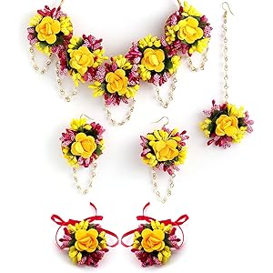 ZENEME Jewellery Flowers Jewellery Set For Haldi Gota Patti Necklace, Earrings, Bracelet & Maang Tika for Women & Girls (Mehandi/Haldi/Wedding/Bridal/Baby Shower)