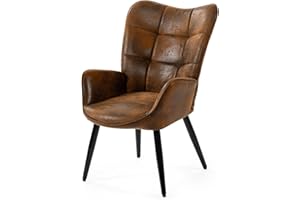 MEUBLE COSY Sillón Nórdica Butaca de Salón para Dormitorio Silla Escandinavo con Respaldo y Reposabrazos Patas de Metal en Gamuza Marrón