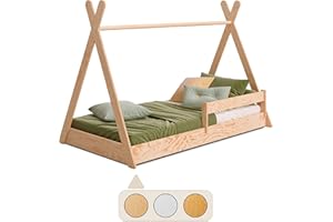 smartwood Lettino bambino a terra TIPI F 90x190 con rete a doghe e sponda - Letto Montessori bambini a Casetta per ragazzi e ragazze - Letto Singolo in compensato di pino - 190x90 - Legno naturale