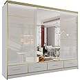 MN FURNITURE Sudenia High Gloss 2 & 3 Sliding Doors Wardrobe with Mirror, Drawers Cabinet with Storage Cabinets Hanging Rails Art Decor Closet in White, Black and Grey (White, 253cm)