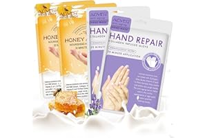 CCKULOOB Hand Mask, 4 Pairs Moisturizing Hand Mask Hand Skin Repair Renew Mask that Enriched with Collagen, Shea Butter, and Vitamin-E to Revive Dry, Rough and Cracked Skin (2 Lavender +2 Honey)
