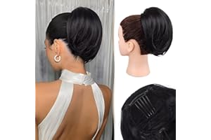 PORSMEER Courte Postiche Chignon avec Peigne Queue de Cheval Extension Queue de Cheval en Cheveux Synthétique postiche Clip Ponytail Postiche pour Femme,noir naturel