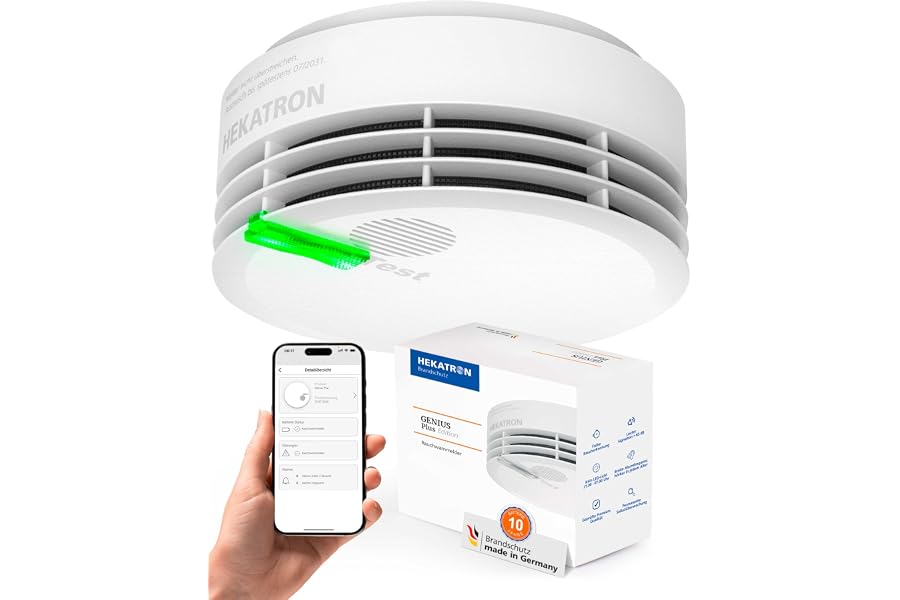 Produktabbildung zu Hekatron Genius Plus – Rauchmelder 10 Jahre Batterie – 1 Stück | Testsieger Stiftung Warentest – made in Germany – inkl. 1x Klebepad – App-unterstützt – Feuermelder – mehrsprachig