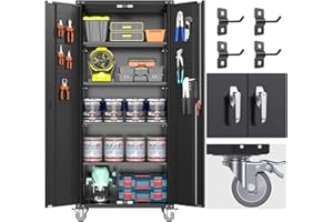 SUPEER Metalowa szafka z pegboardą i zamykanymi kółkami, 4 półki z regulacją wysokości, blacha stalowa malowana proszkowo, szafka stalowa zamykana na narzędzia, garaż, 183 x 80 x 40 cm (czarna)