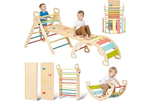 Giant bean Trianglello per Arrampicata Montessori 5 in 1 con Arco da Scalata e Scivolo, Struttura in Legno per Bambini 2-5 Anni, Gioco per Arrampicata Interna, Arcobaleno con Maniglie​ (L)