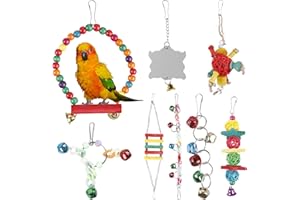 ASFRODE 8 Stück Vogelspielzeug Set, Vogelkäfig Spielzeug, Vogel Spielzeug, Bunte Glocke Holzleiter Vogelschaukel Sitzplatz Kauspielzeug für kleine Wellensittiche Papageien Sittiche Nymphensittich