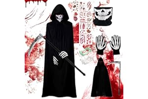 Sunshine smile Sensenmann Kostükm,Halloween Kostüm Erwachsene Sensenmann,10 Blatt Halloween Tattoo Gesicht,Sensenmann Kostüm Kinder,Halloween Sensenmann Mit Maske Handschuhe und Plastiksense